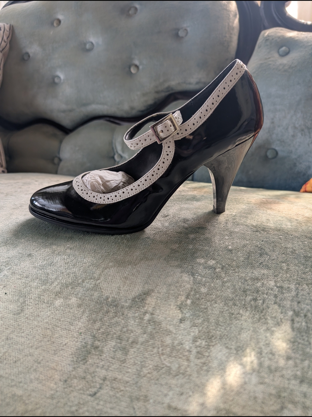 Black Patent Mary Jane Heels with Contrasting White Trim